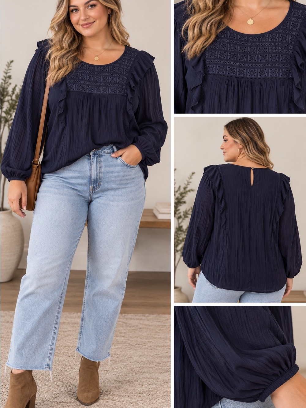 Westport 2X Navy Eyelet Embroidered Ruffle Boho Long Sleeve Blouse Plus Size